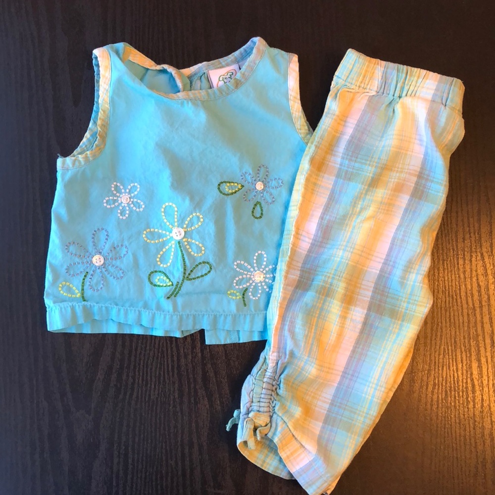 Springtime capri outfit aqua and yellow smock top